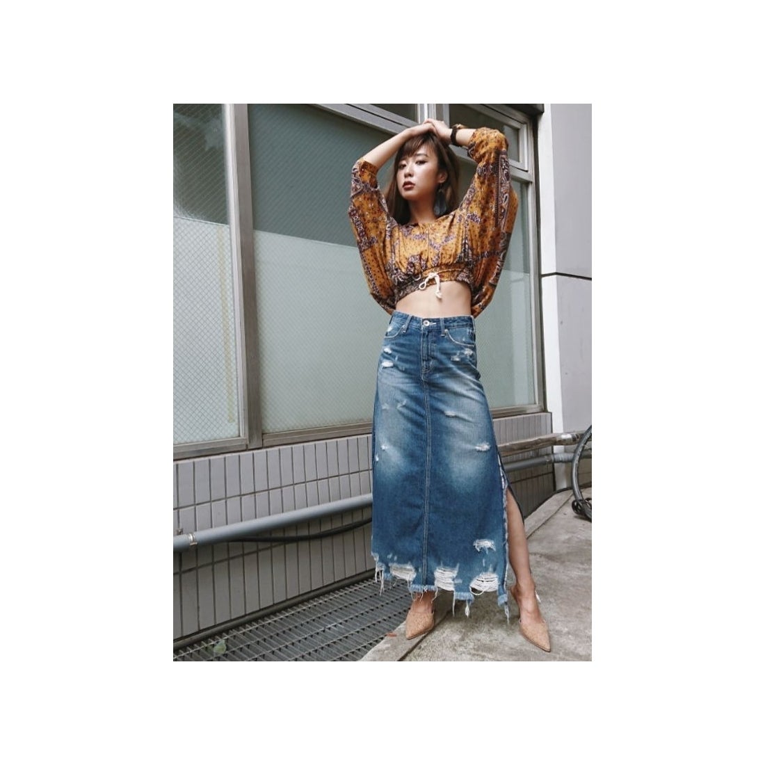 ジェイダ GYDA サイドスリットデニムロングスカート （ブラック） -靴