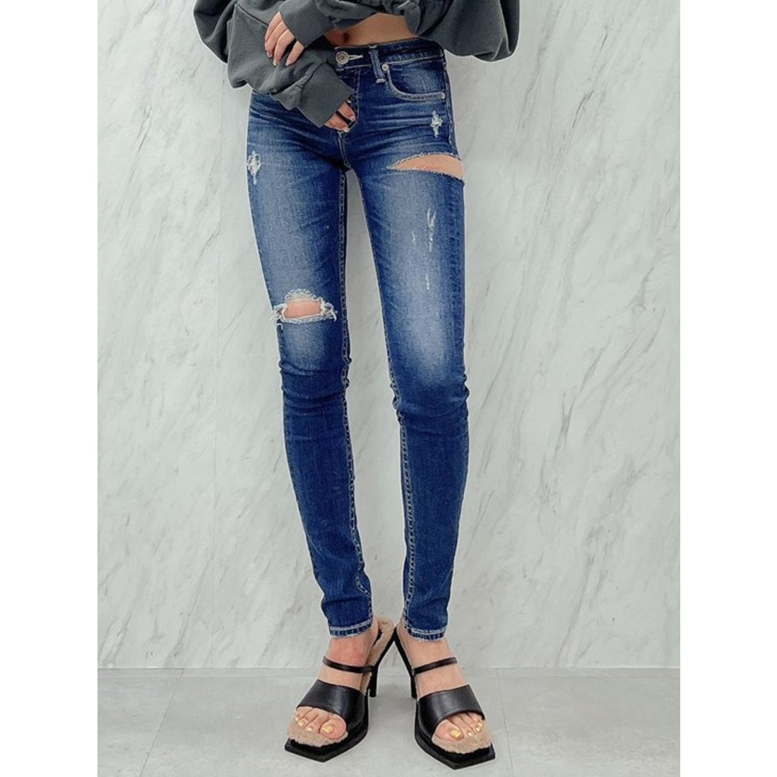 GYDA SIDE RIPPED スキニーデニムパンツ（ブルー） -ファッション通販