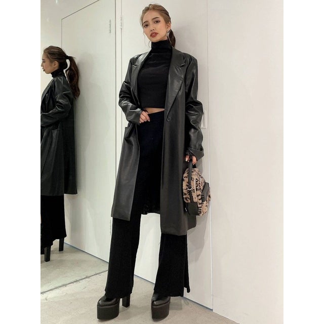 GYDA フェイクレザー ロングチェスターコート（ブラック