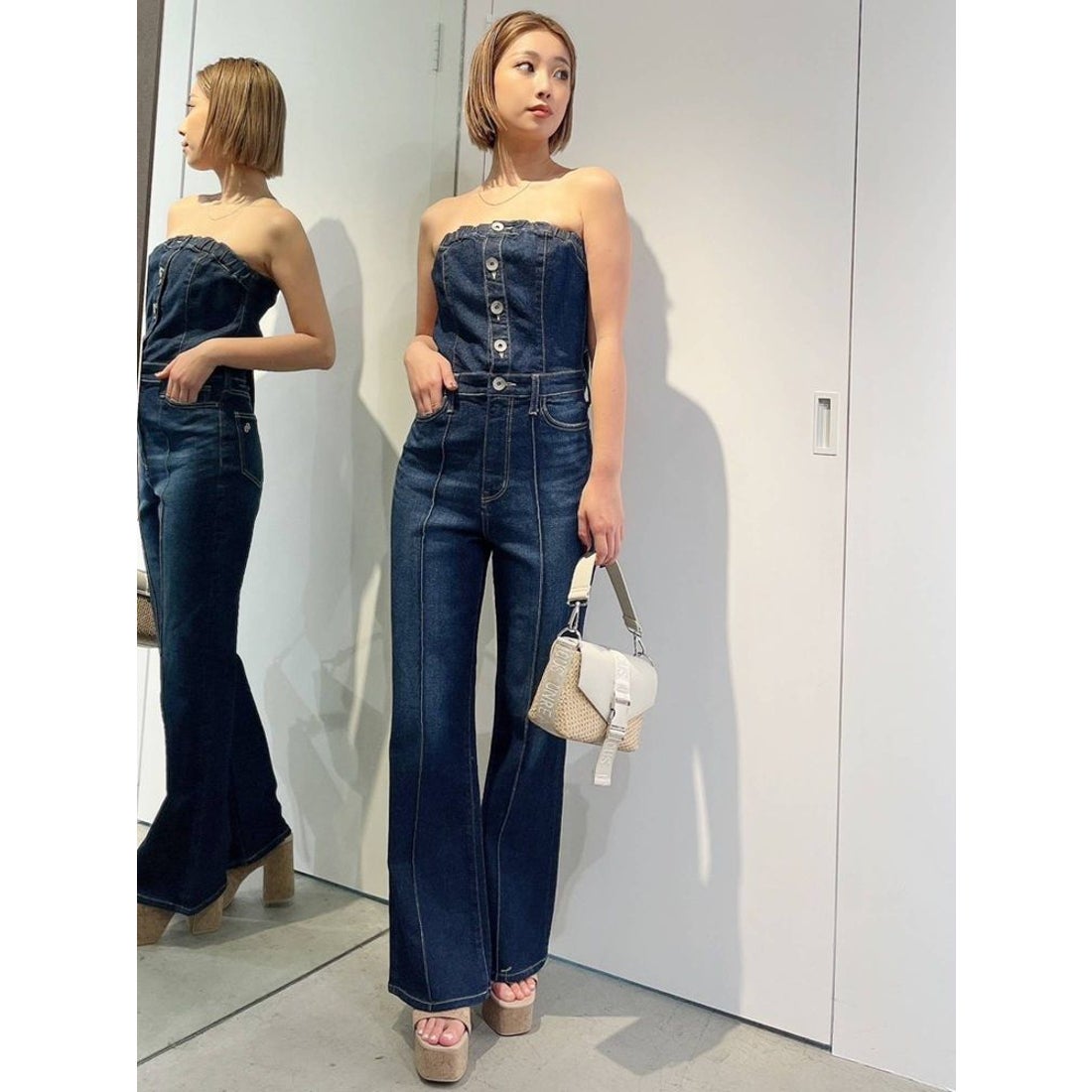 GYDA BACKリボンデニムロンパース（アイスブルー） -ファッション通販