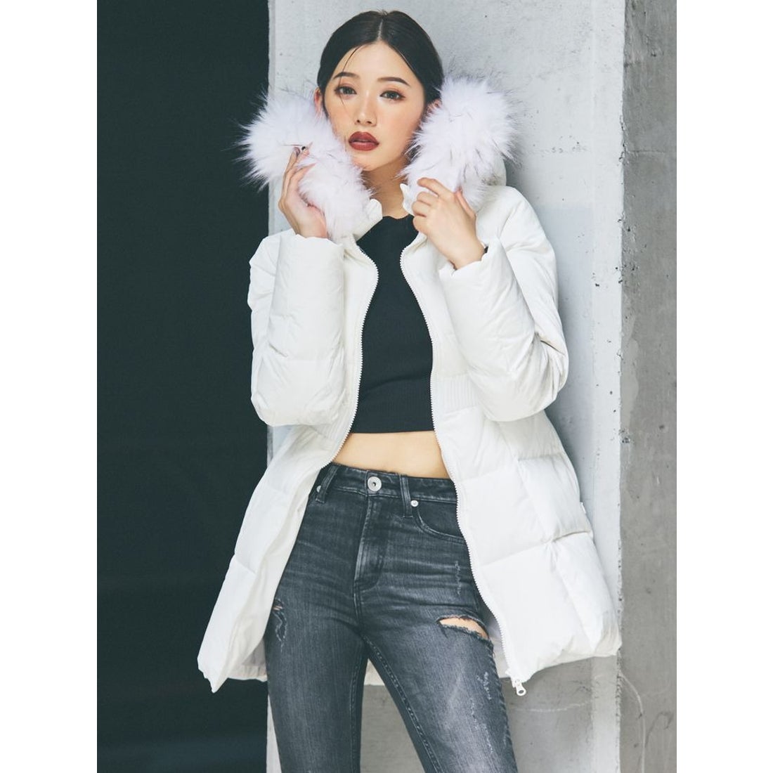 ジェイダ GYDA GYGYベルト付きロングダウンコート （O.WHT） -靴