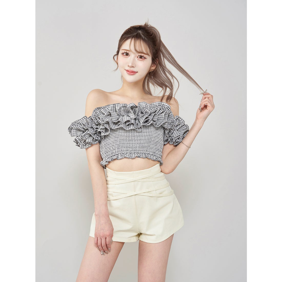 ダーリッチ Darich ギンガムチェックオフショルトップス （グレー