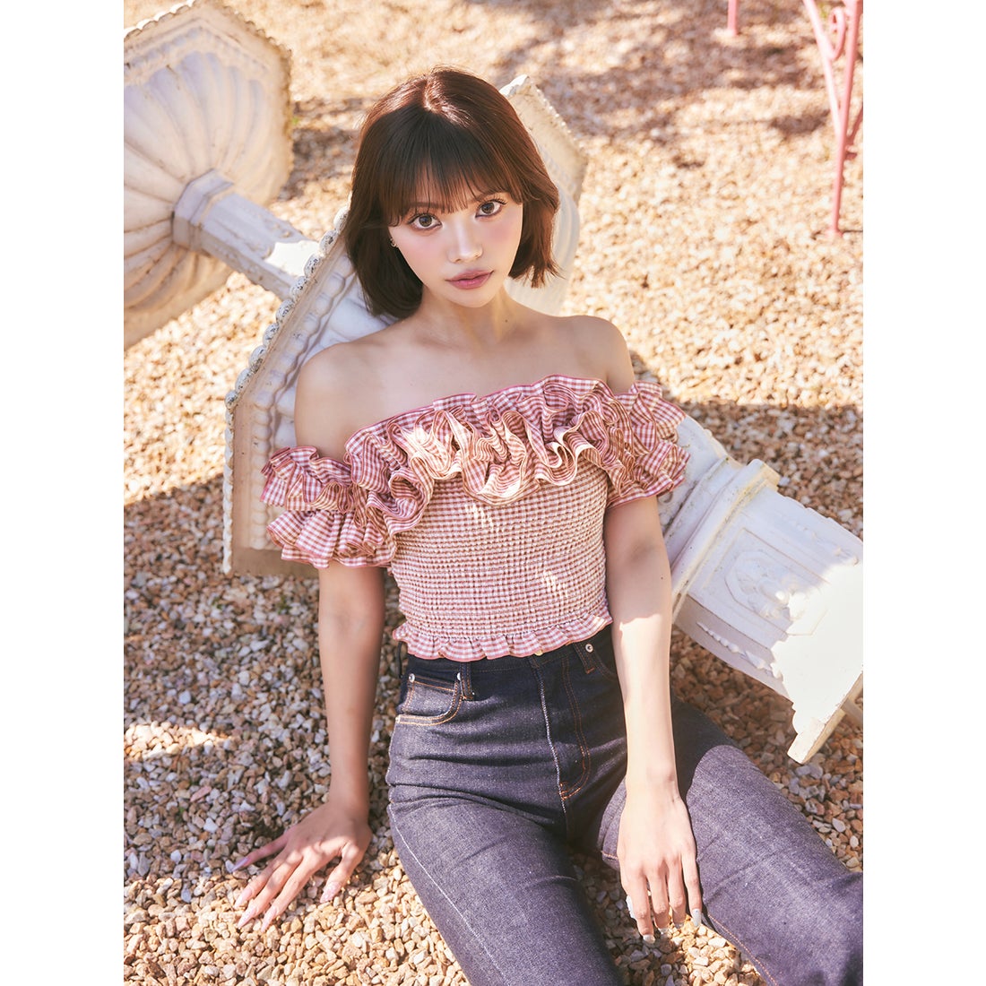 ダーリッチ Darich ギンガムチェックオフショルトップス （グレー