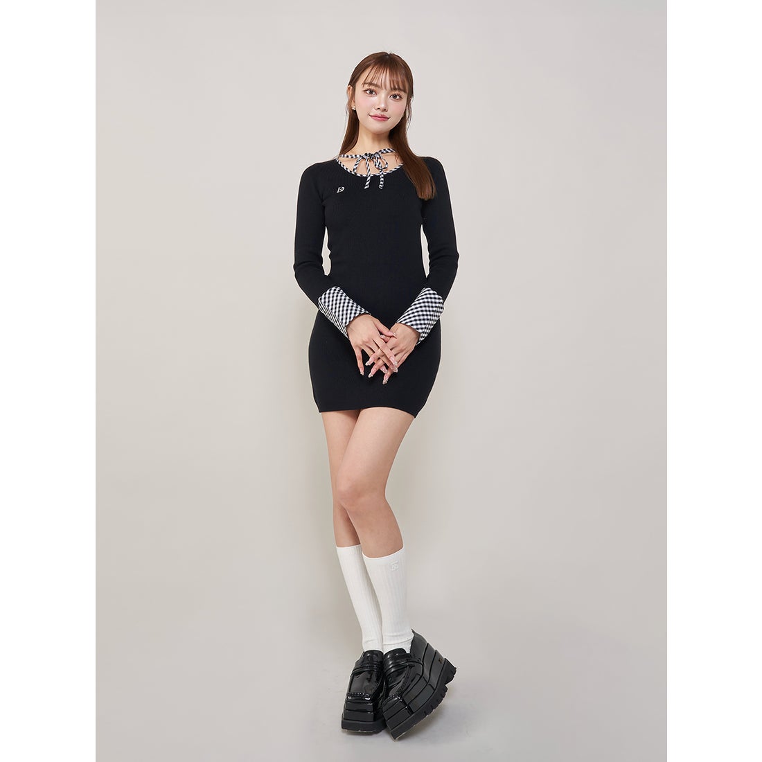 ダーリッチ Darich チェックリボンニットミニワンピース （ブラック