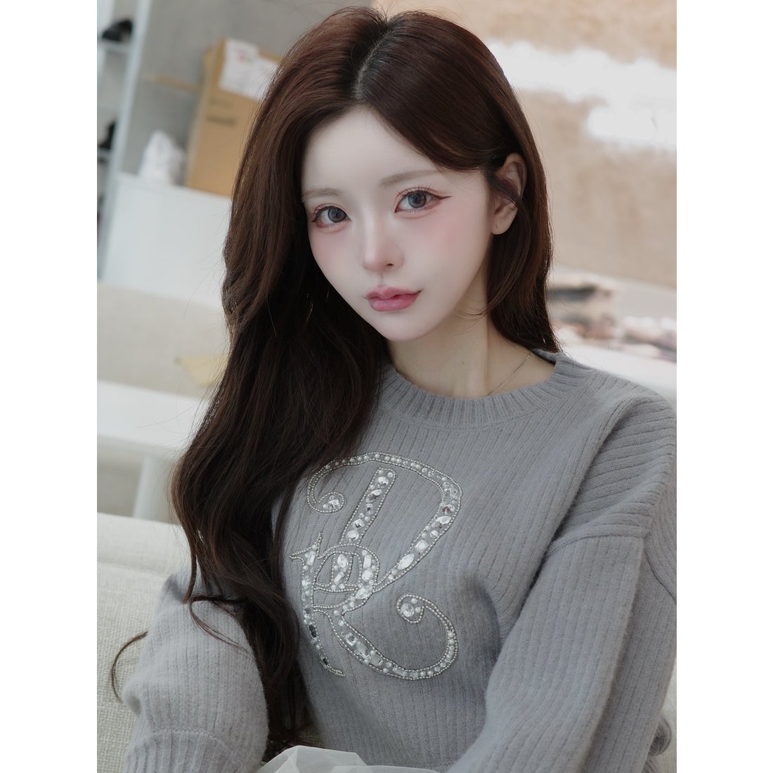 ダーリッチ Darich DRビジューボリュームリブニットトップス （ピンク