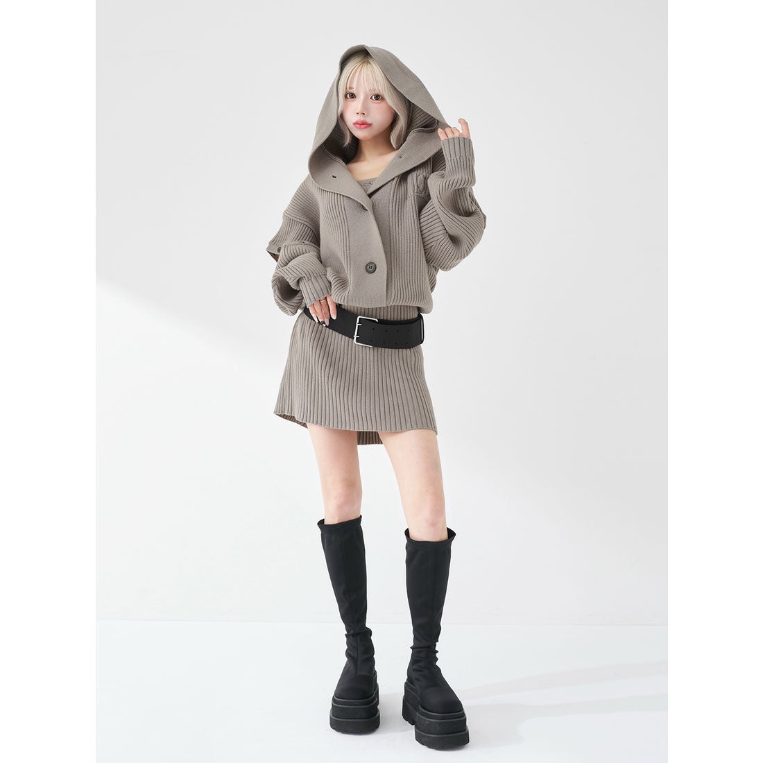 ダーリッチ Darich ローウエストデザインニットワンピース （グレー