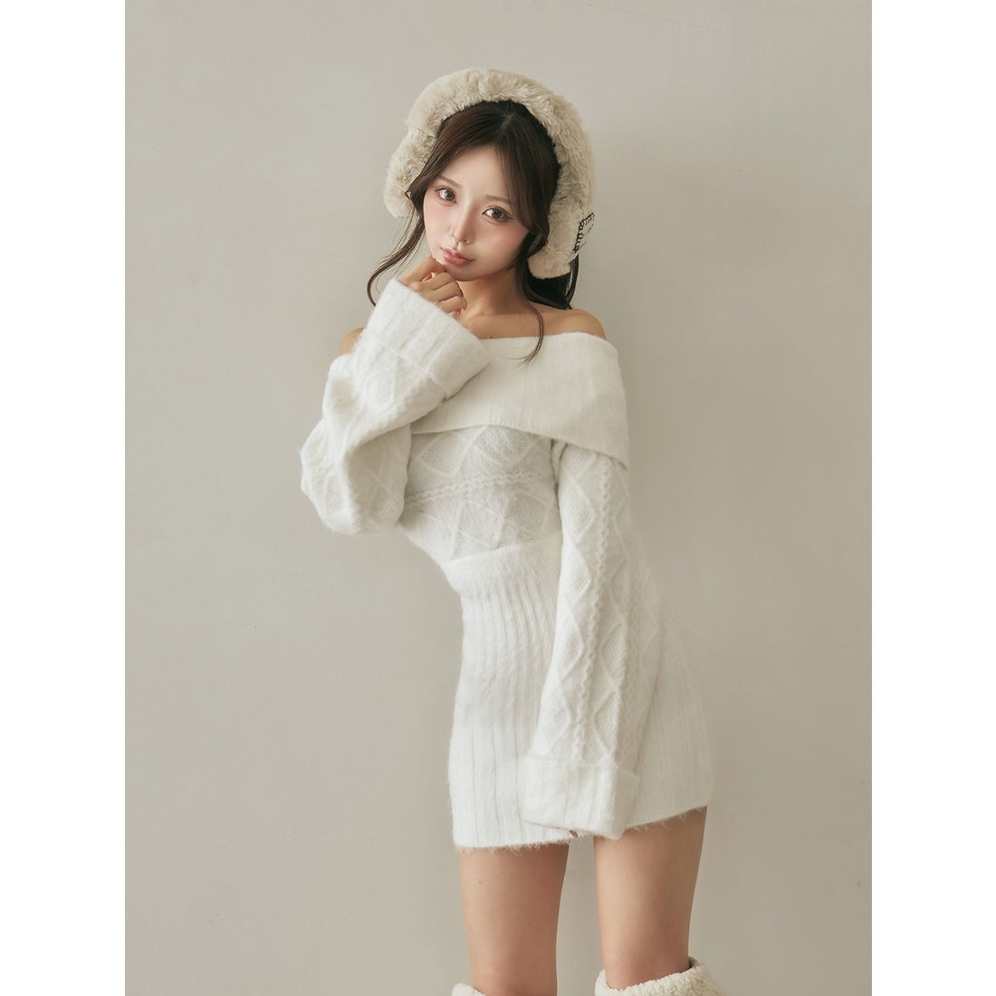 ダーリッチ Darich ヘアリーオフショルニットミニワンピース