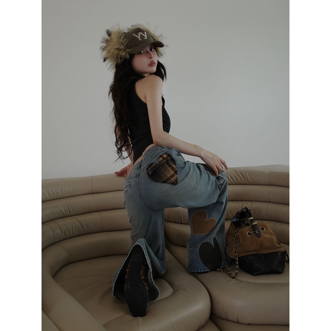 ダーリッチ Darich ランダムハートパッチワークデニムパンツ （ブルー