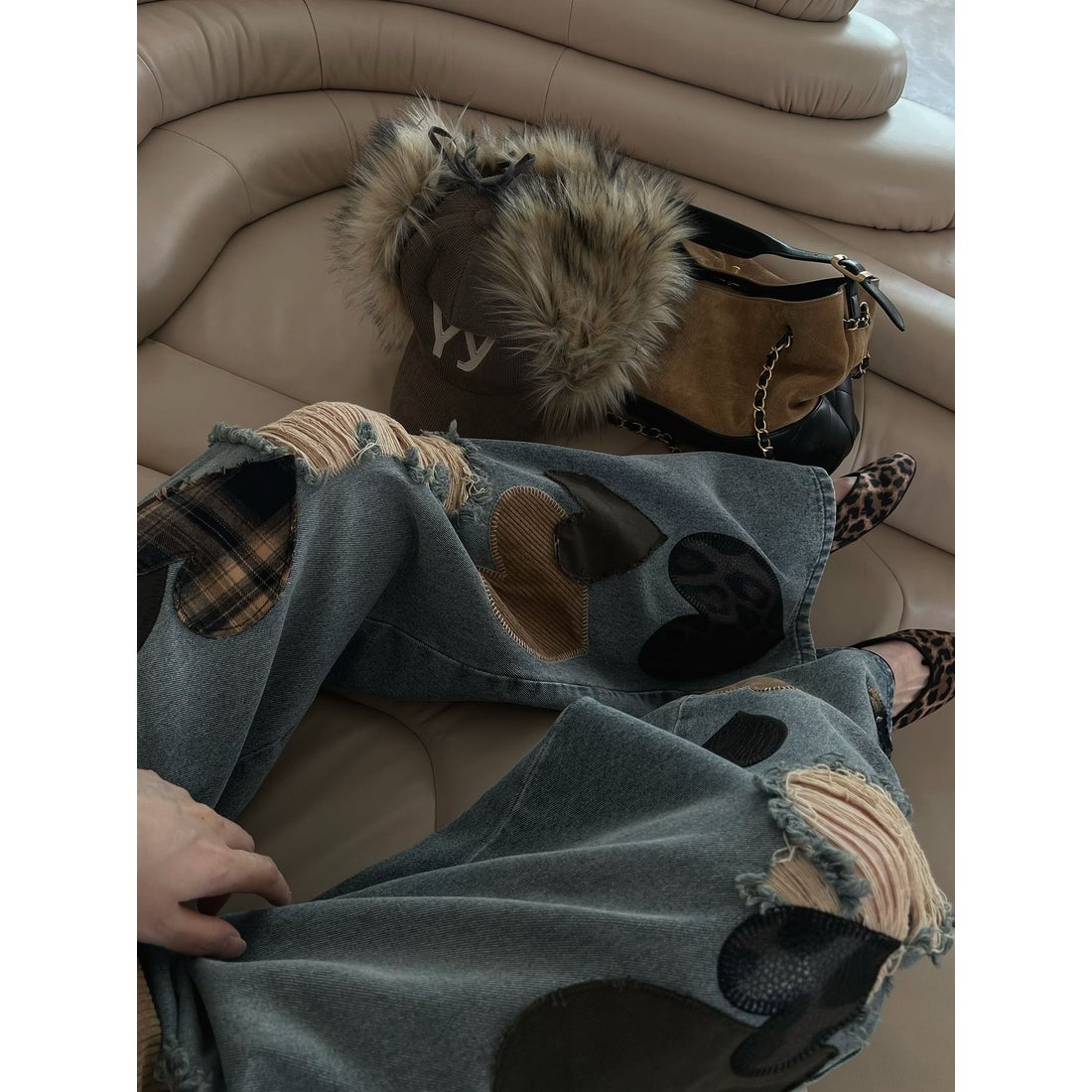 ダーリッチ Darich ランダムハートパッチワークデニムパンツ （ブルー