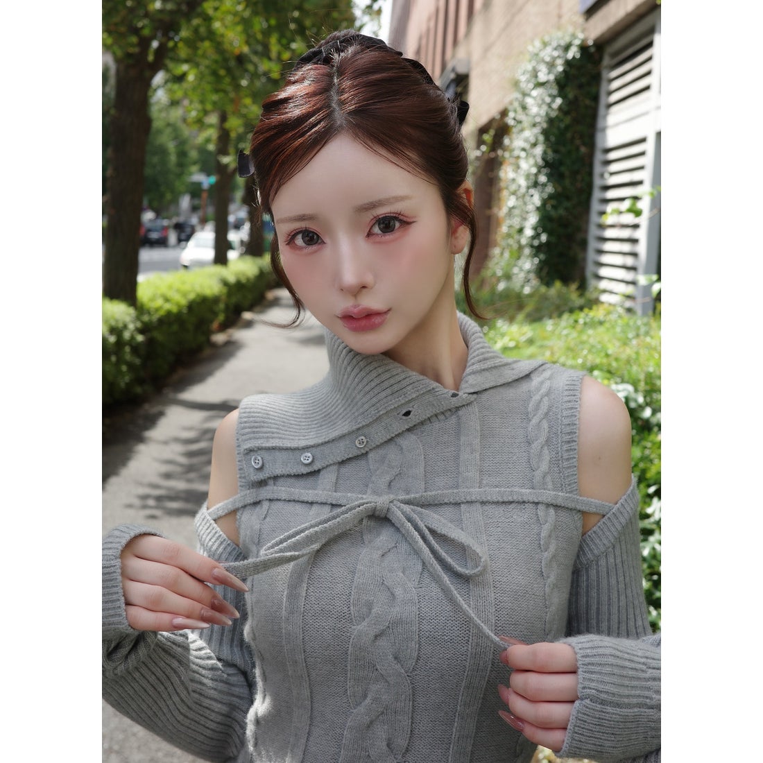 ダーリッチ Darich デザインネックニットミニワンピース （グレー