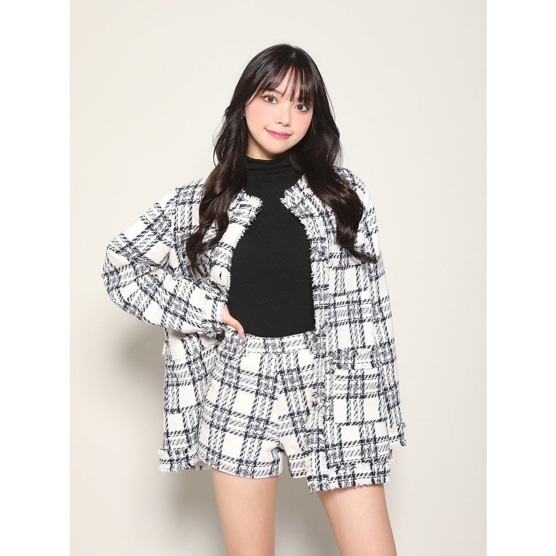 ダーリッチ Darich チェックフリンジツイードジャケット （アイボリー