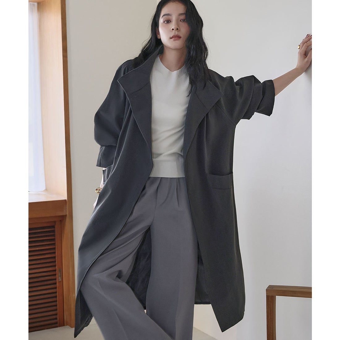 フロリア Flolia 2WAY スタンドカラー トレンチコート ロング丈