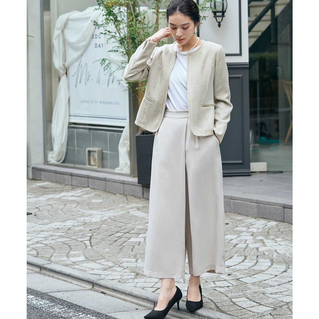 フロリア Flolia ノーカラー ツイードジャケット 巻きスカート風