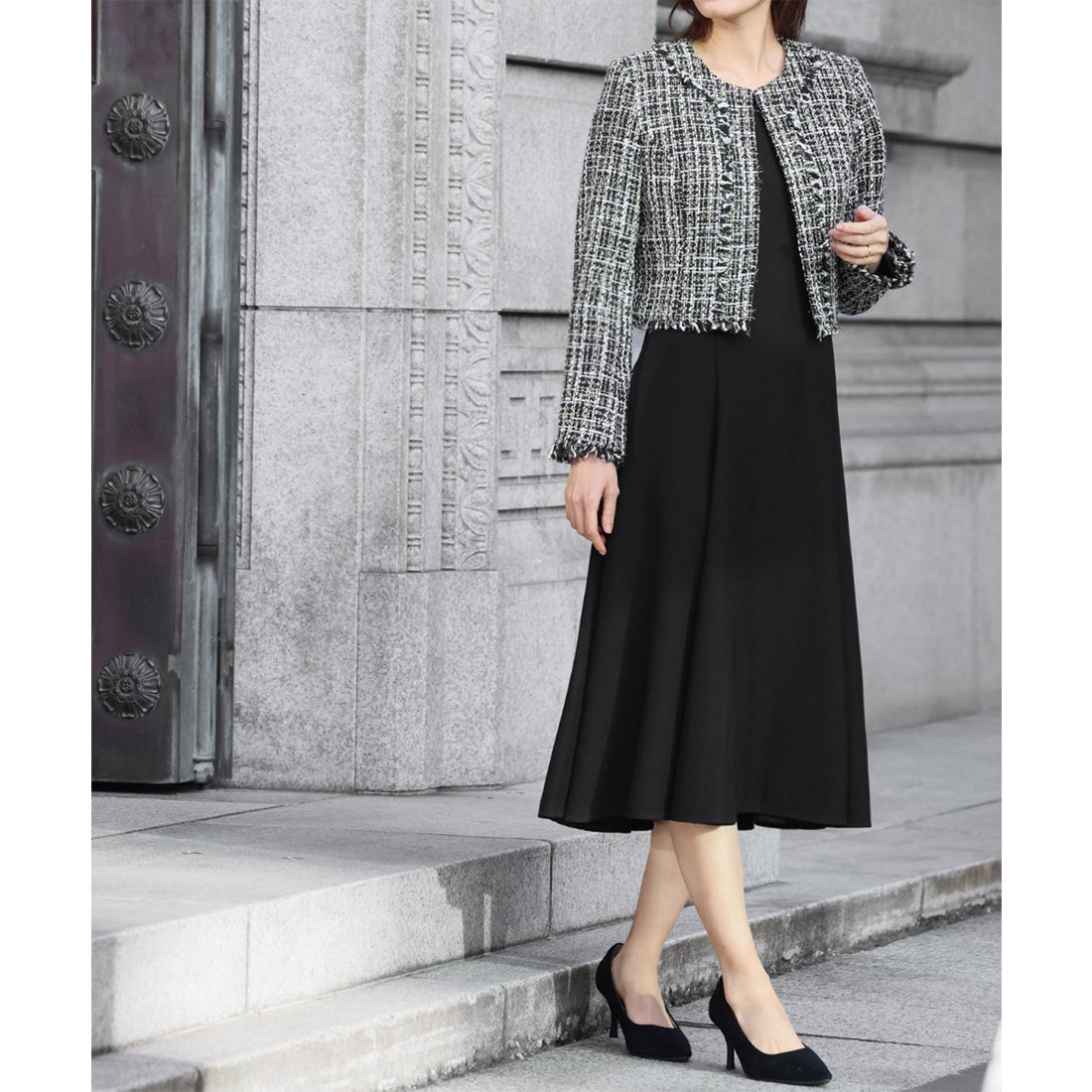 フロリア Flolia ツイードノーカラージャケット フレアワンピース