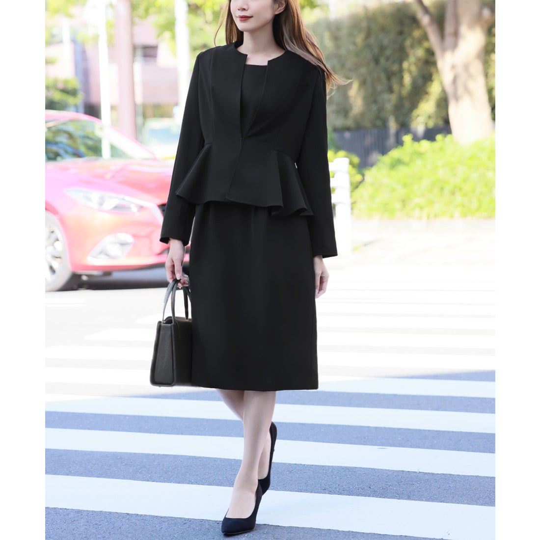 フロリア Flolia ノーカラーペプラムジャケット コクーンワンピース