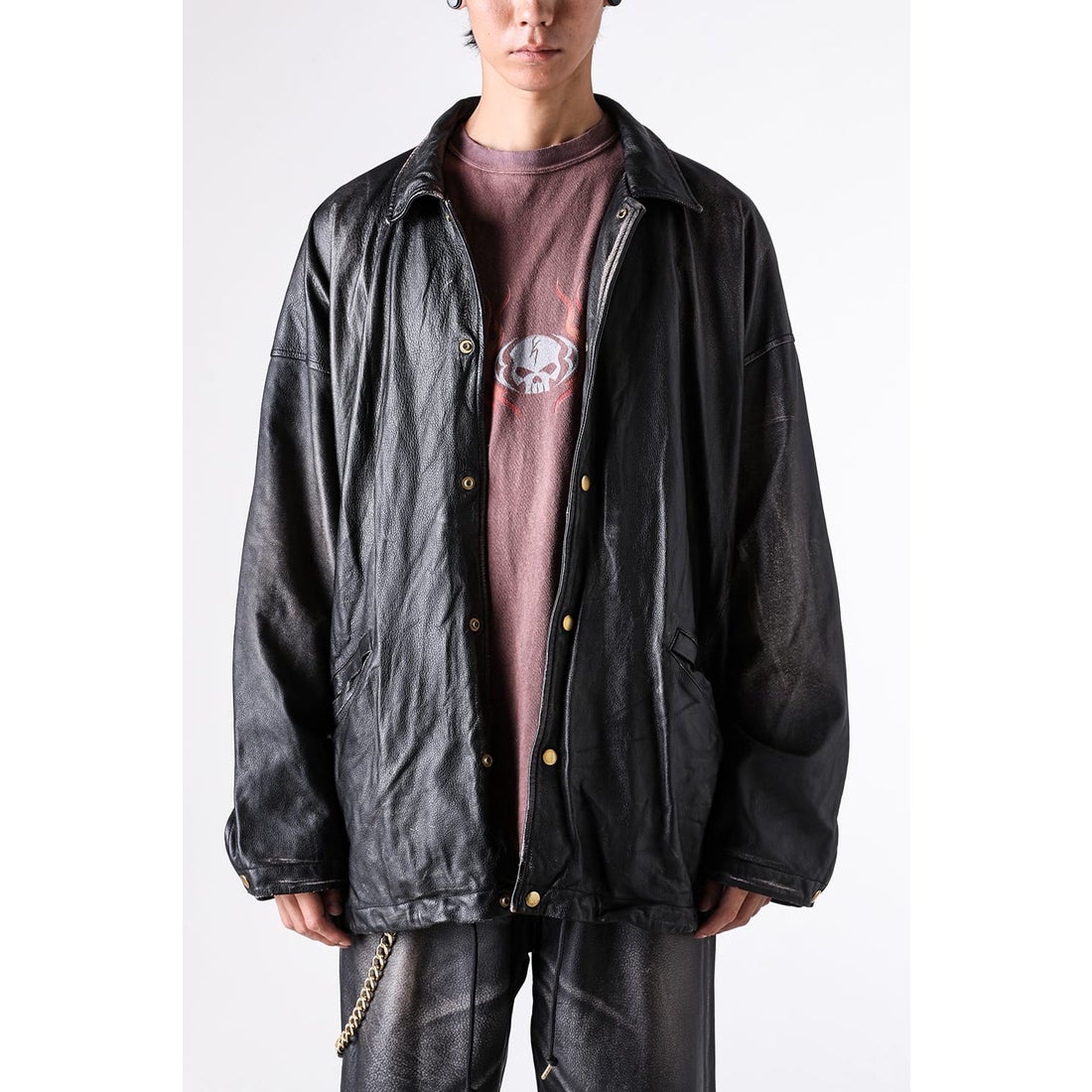 カミヤ KAMIYA Distressed Leather Coach Jacket （Black