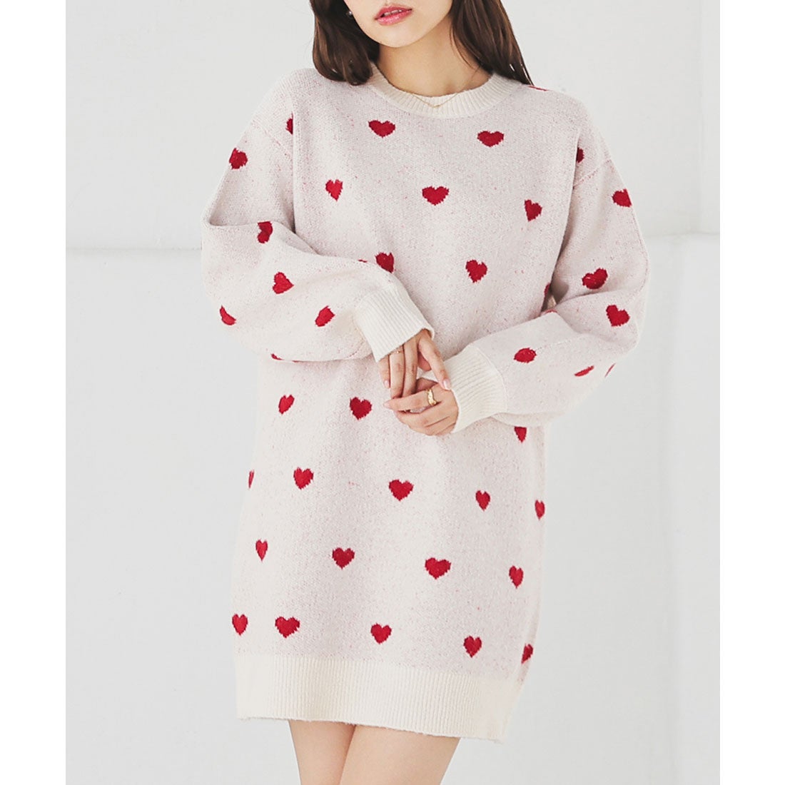 ハニーズ Honeys 総柄ニットワンピース ワンピース 長袖 ミニ丈 大きい