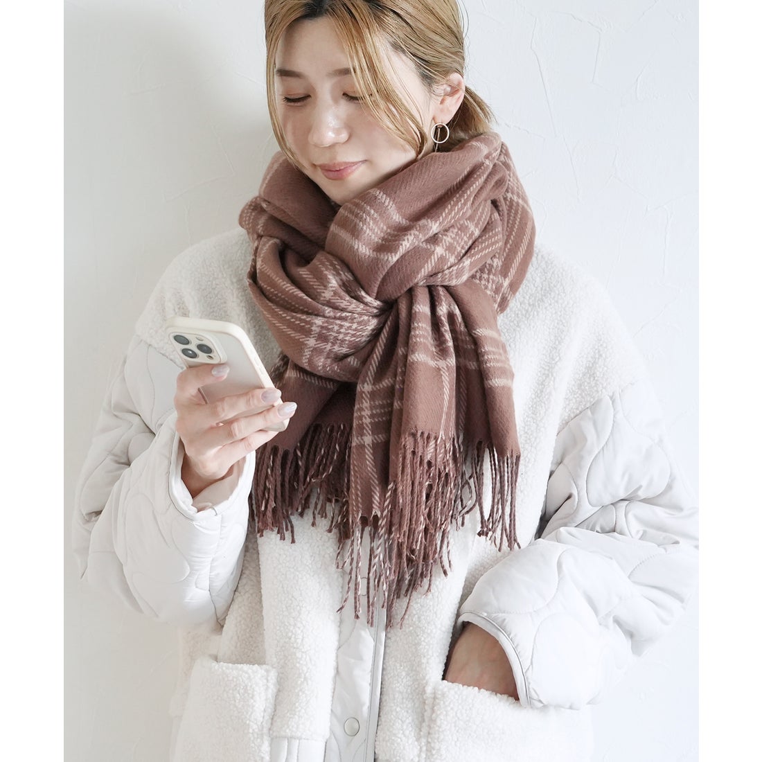 レカ reca チェック柄大判ストール（st35-W） （ベージュ×ブラウン#024