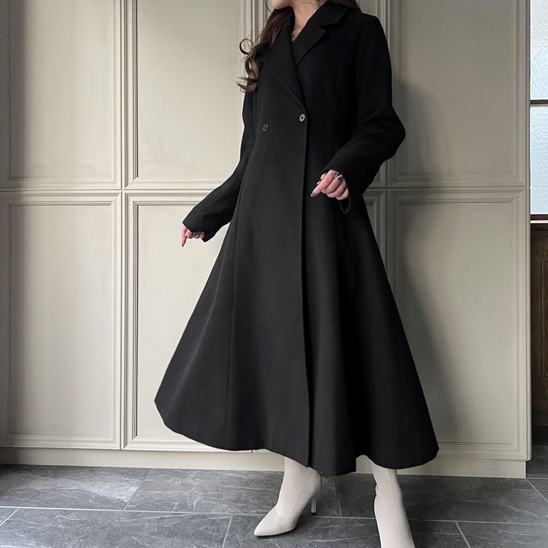 ジュノア JUNOAH フレアシルエットロングチェスターコート （ブラック