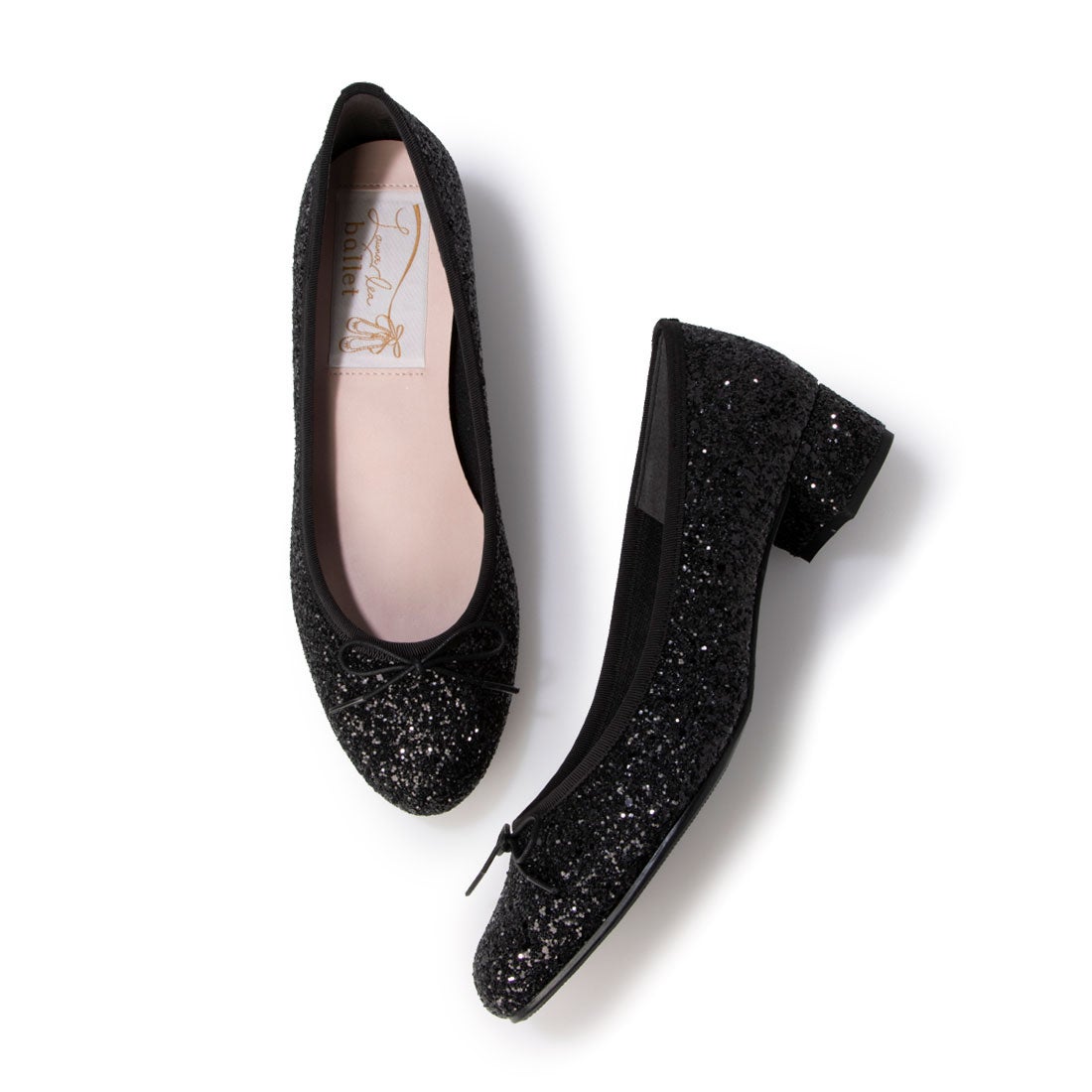 ラウンドトゥグリッターヒールバレエシューズ(B5601A) （ブラックZ