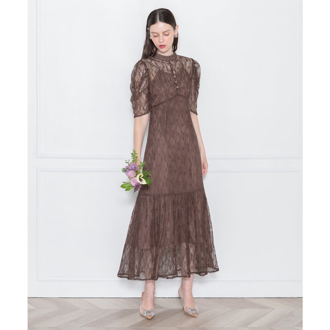 レジャ Leja パフスリーブウエストリボン総レースキャミソール