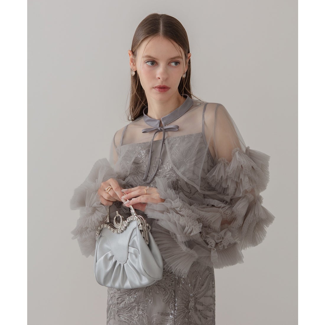 レジャ Leja フリルチュールスリーブリボンIラインワンピースドレス2点