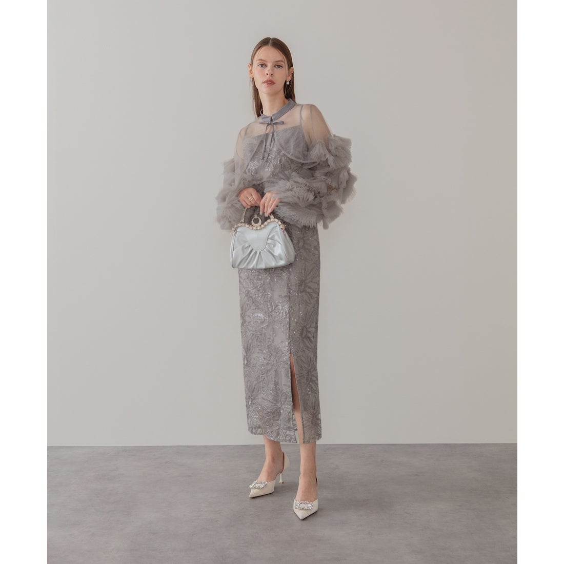 レジャ Leja フリルチュールスリーブリボンIラインワンピースドレス2点