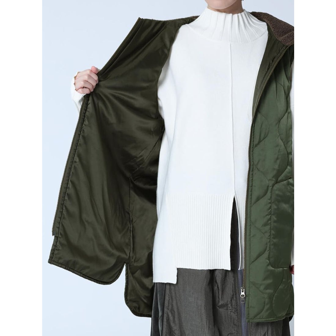 ラシュッド LASUD フードボアキルティングベスト （カーキ