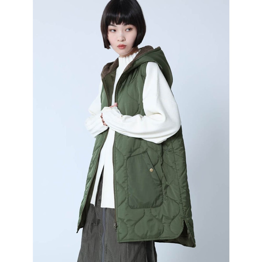 ラシュッド LASUD フードボアキルティングベスト （カーキ