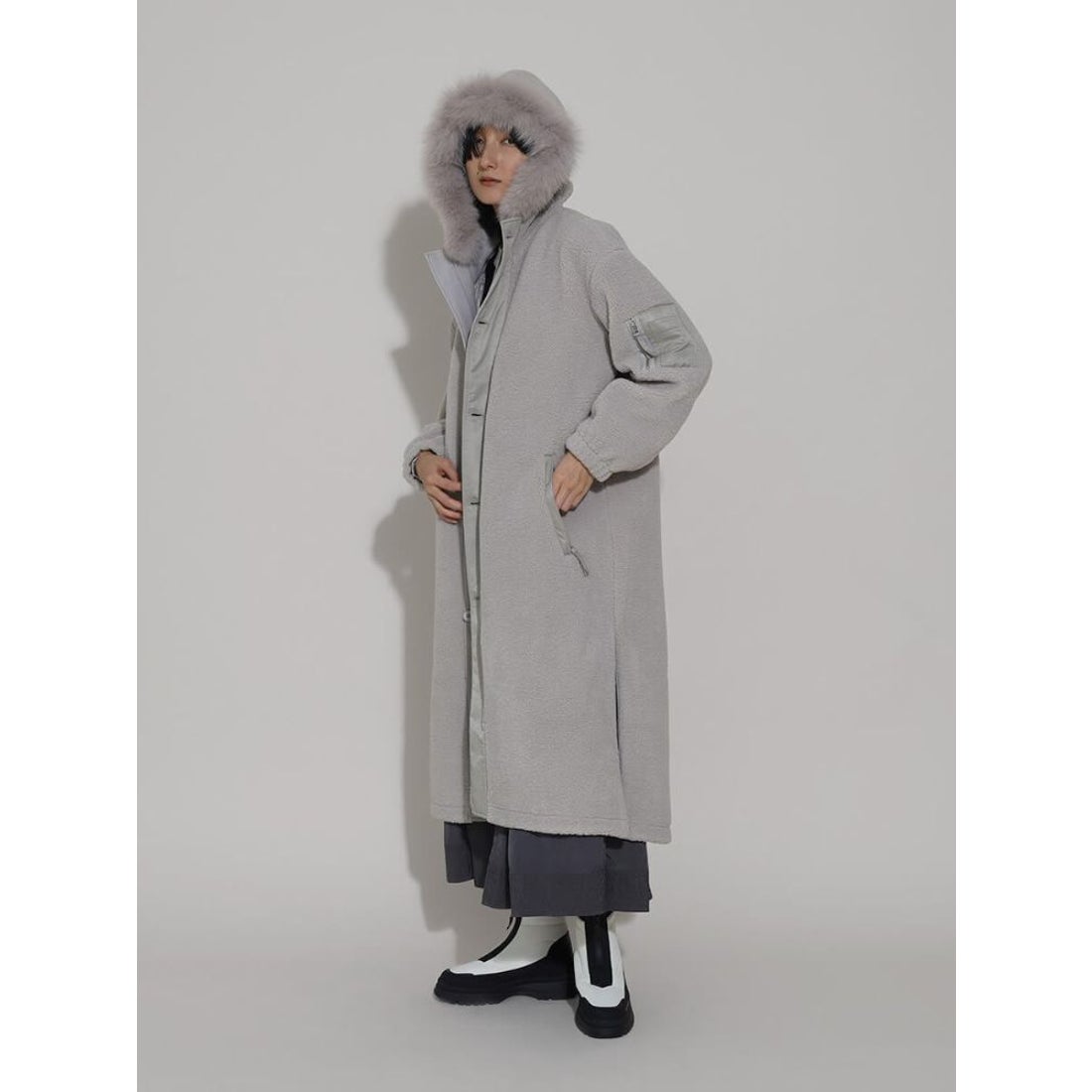 ラシュッド LASUD ファーフーデッドボアコート （グレージュ