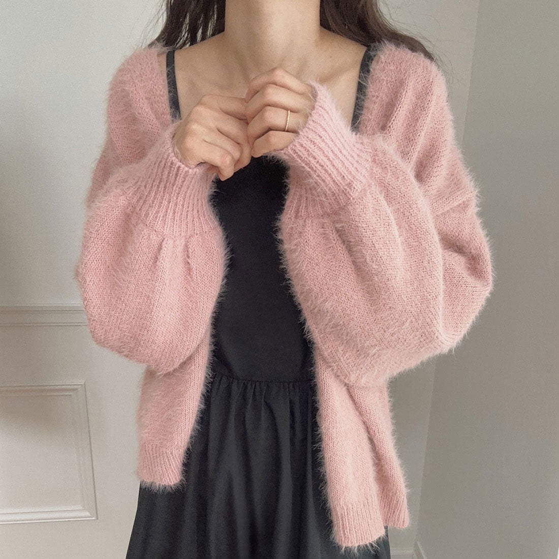 ラウアー LAUIR シャギーVネックニットカーディガン （ピンク