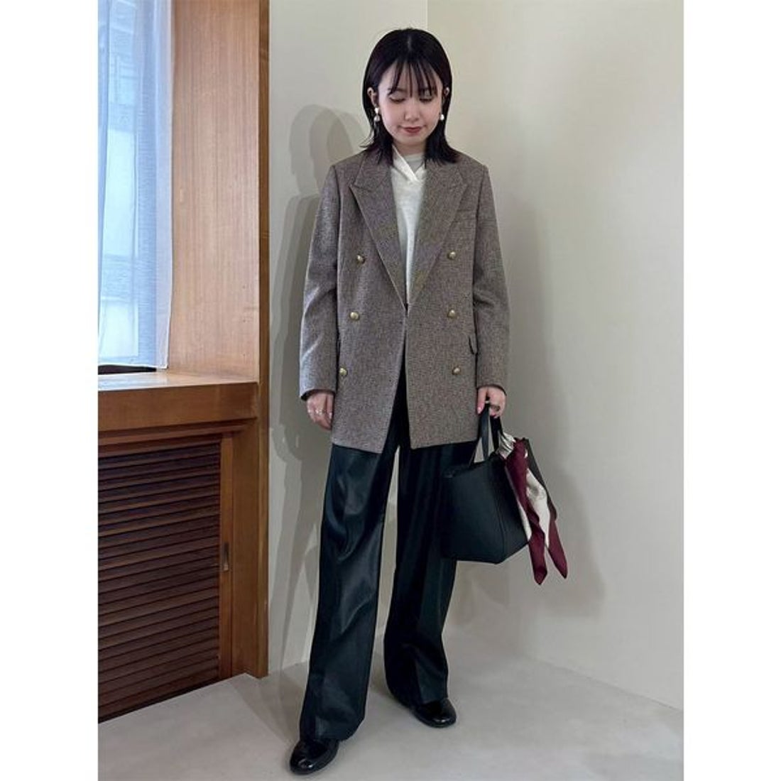 ミラ オーウェン Mila Owen チェック金釦ダブルブレストロングブレザー