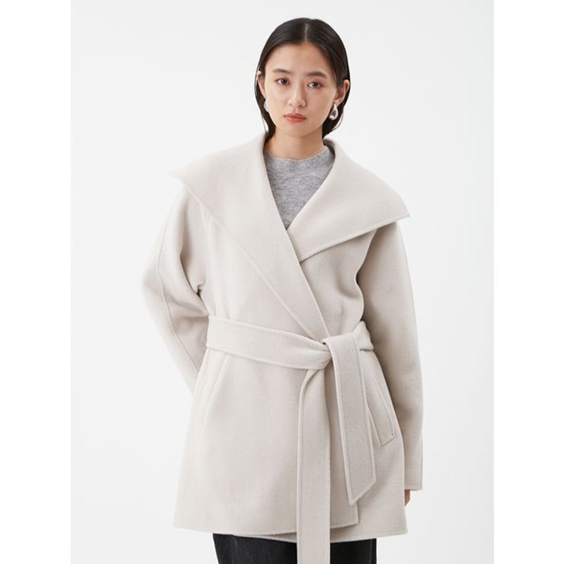 ミラ オーウェン Mila Owen 共ベルト付きビックカラーミディ丈コート