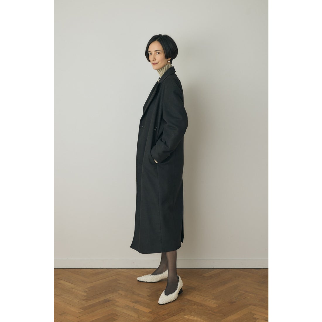 MOUSSY テーラードロングコート リサイクルポリエステル×ウール混 BLK