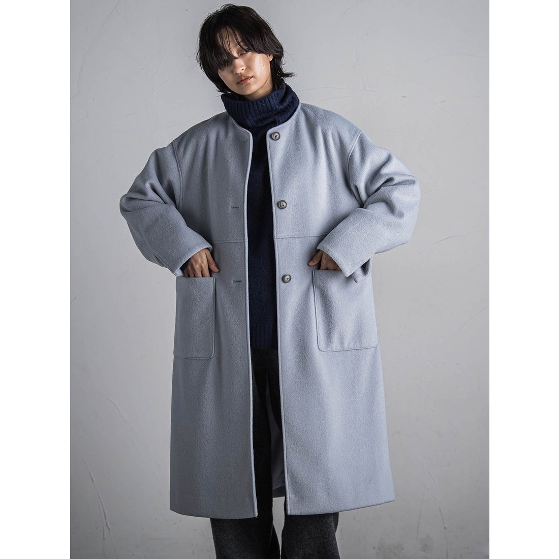 メイソングレイ MAYSON GREY メルトンジャージノーカラーロングコート
