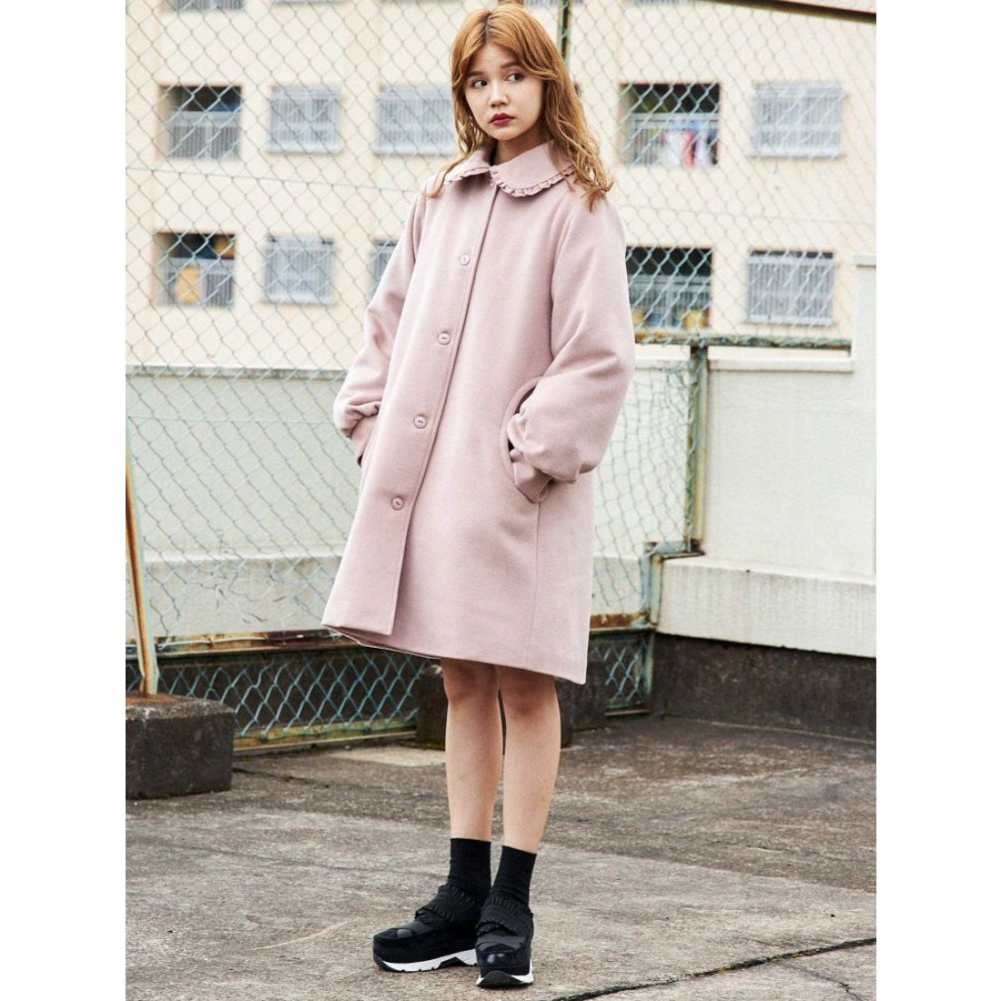 merry jenny フリルカラーAラインコート（ピンク） -靴＆ファッション