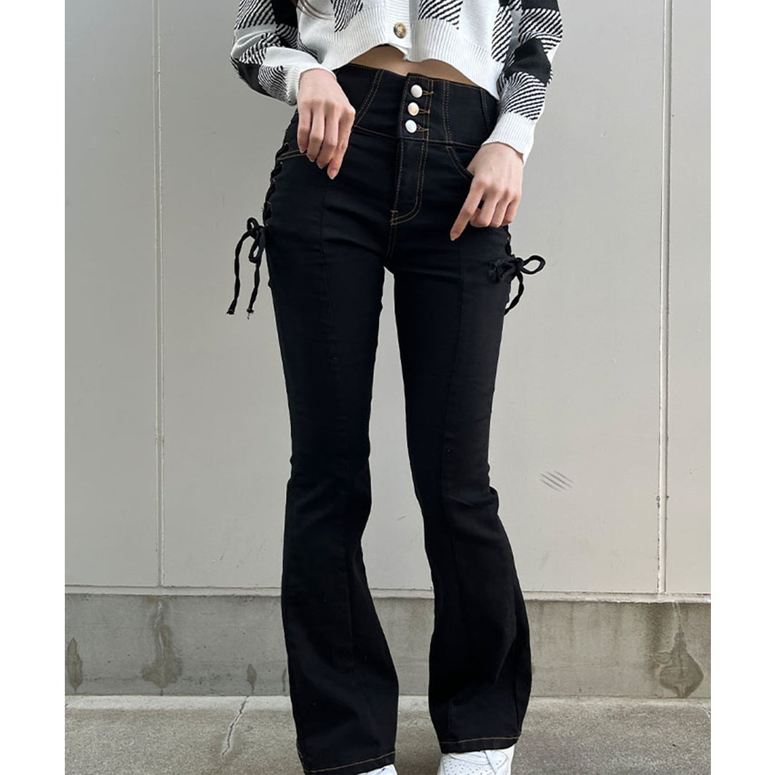 ミージェーン me Jane 脇レースアップハイウエストデニムフレアパンツ