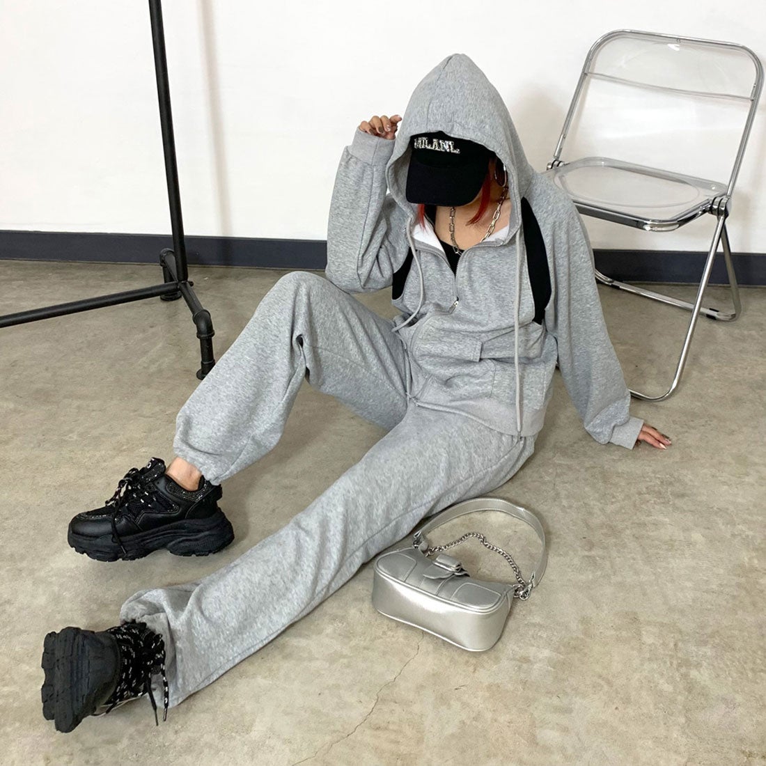 ノンヘッジ non-hedge 配色ZIPパーカー・パンツセットアップ （グレー