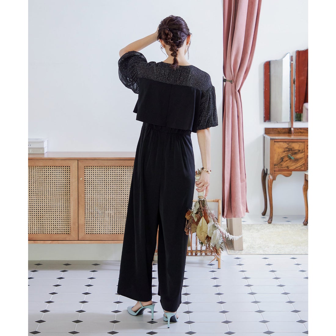 ニアナ niana ラメチュールオールインワンパンツドレス （ブラック