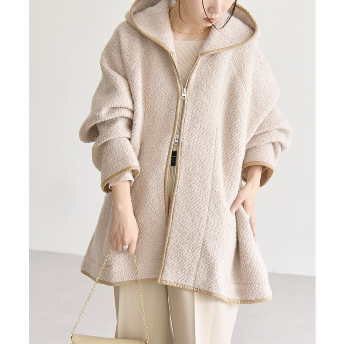 quaranciel: ループヤーン ダブルジップ フーデッド ケープ コート