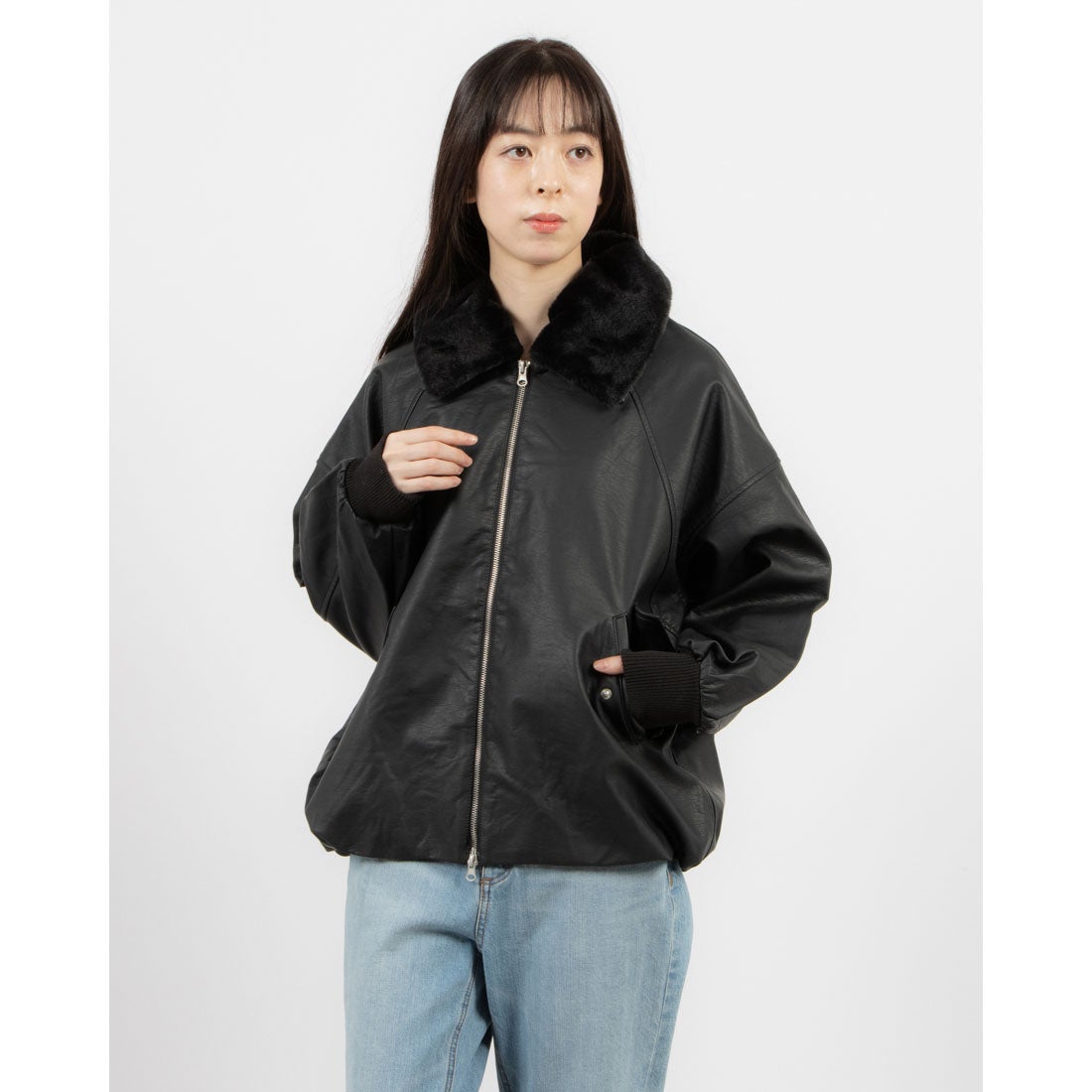 スタイルブロック STYLEBLOCK フェイクレザーボア襟付きジャケット