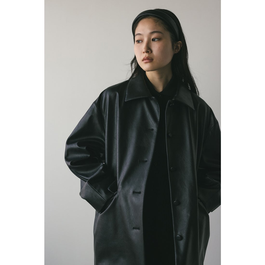 STYLEMIXER ステンカラーフェイクレザージャケット BLK -ファッション