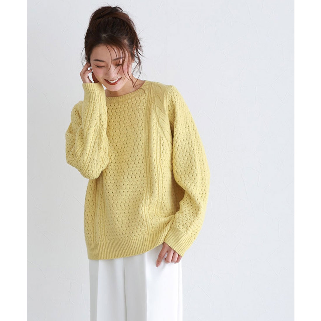 Pierrot クルーネックケーブルニット （イエロー） -アウトレット通販