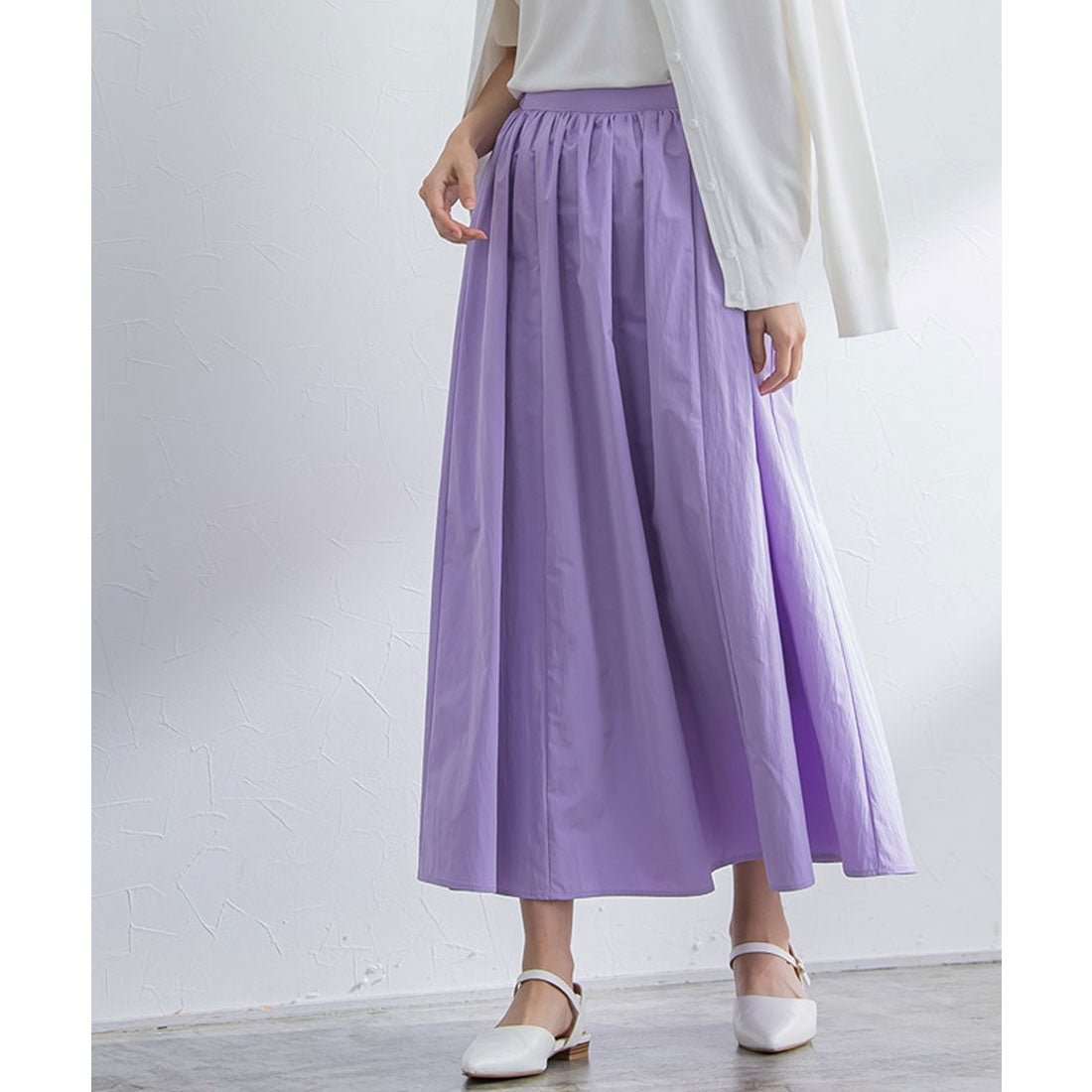 Pierrot 【低身長向け】ギャザーロングスカート （ラベンダー） -靴