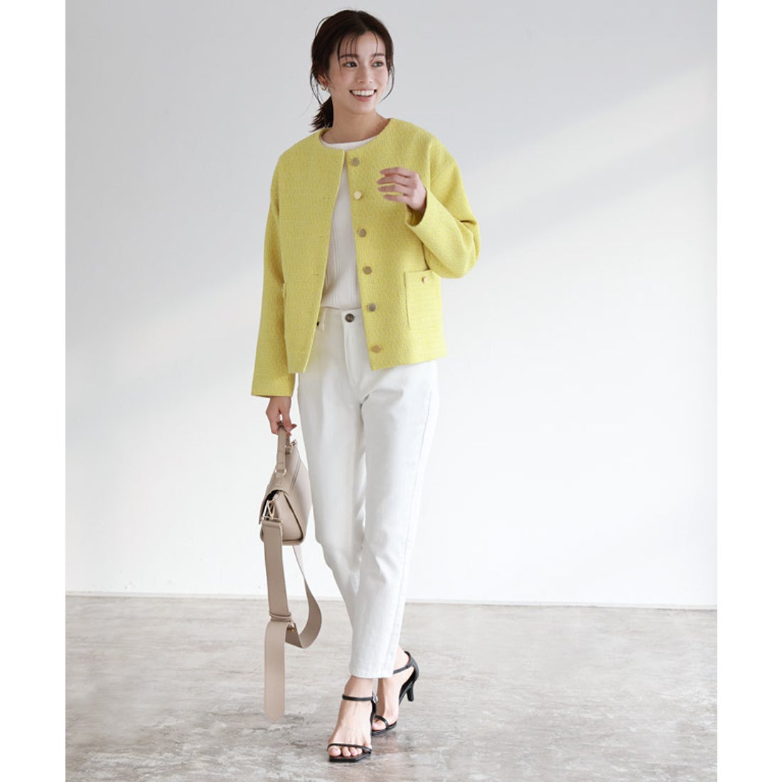 Pierrot ツイードノーカラージャケット （イエロー） - ファッション