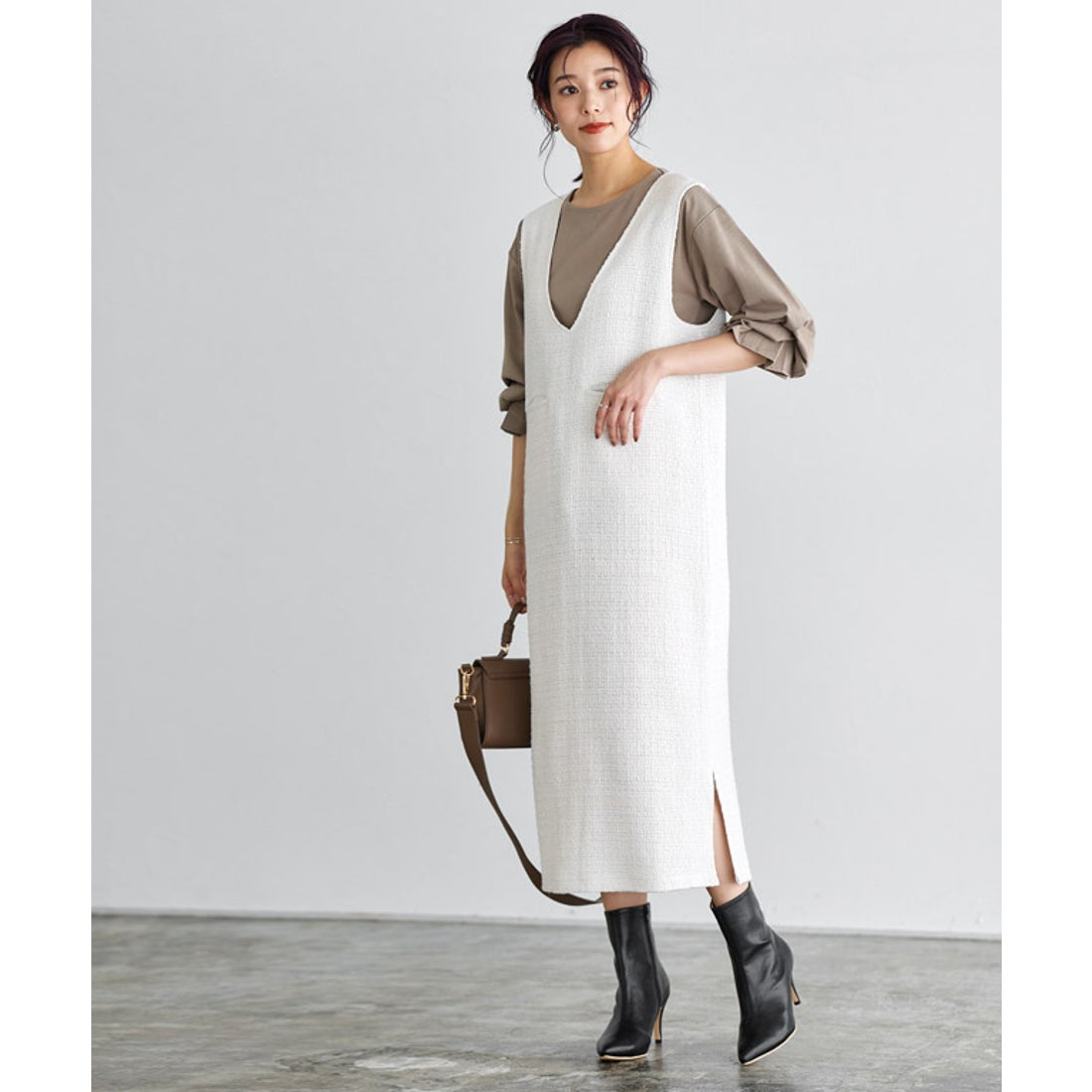 Pierrot 2wayツイードジャンパースカート （オフホワイト） -靴