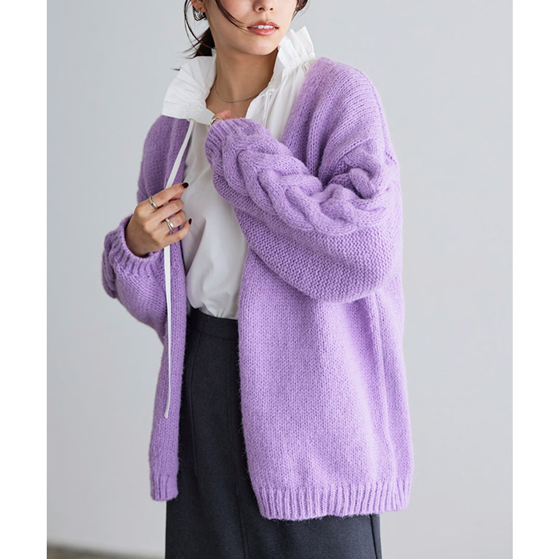 Pierrot モヘアタッチ袖ケーブルニットカーディガン （パープル