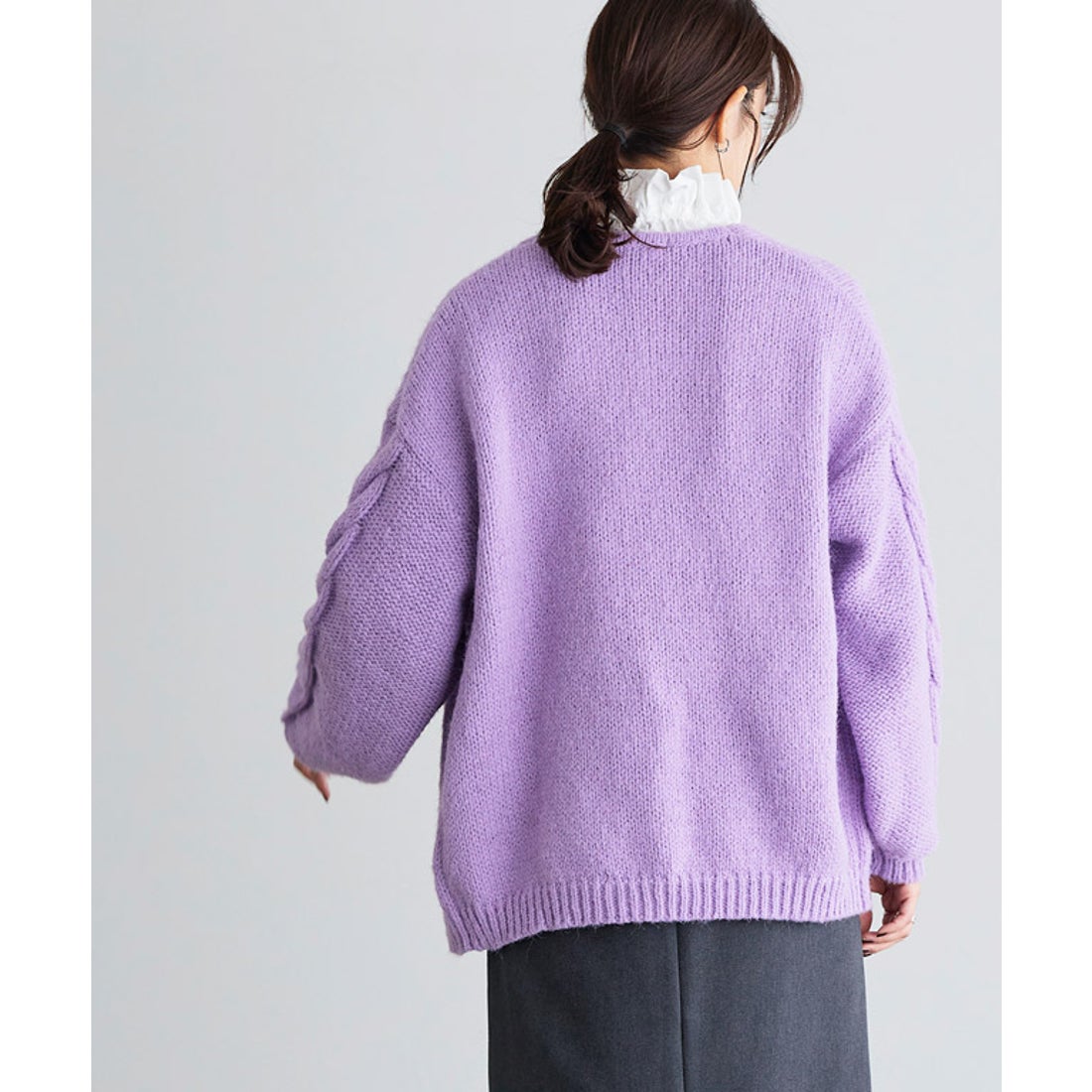 Pierrot モヘアタッチ袖ケーブルニットカーディガン （パープル