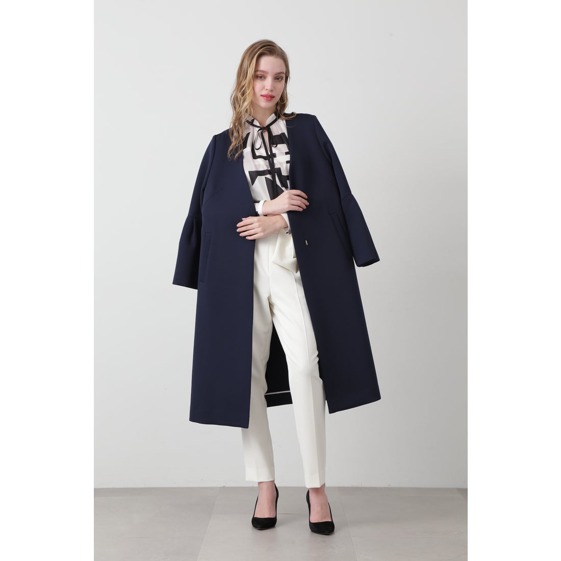 PINKY & DIANNE 三重織ツイルベルスリーブコート ネイビー