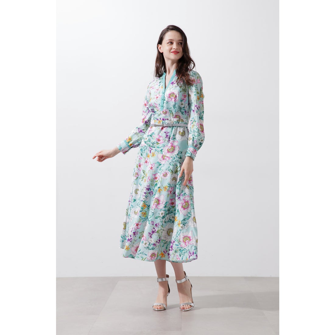 PINKY & DIANNE フラワープリントマーメイドワンピース ミント系1